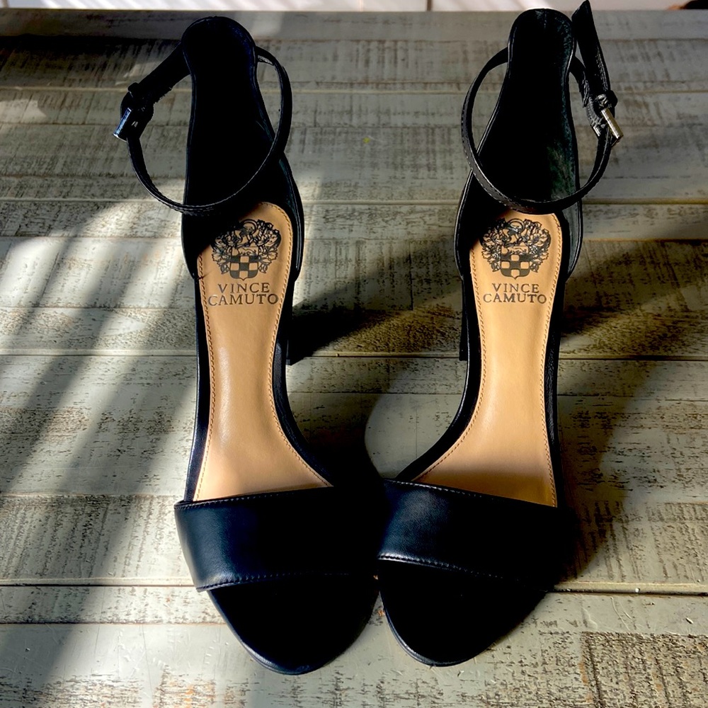Vince Camuto, black, chunky heels, ankle wrap shoes